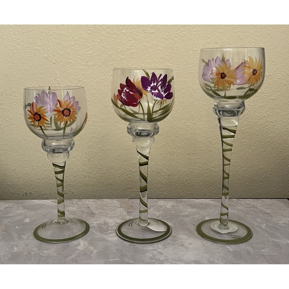 Terra Hand Painted Floral Hurricane Candle Holders Set Of 3
